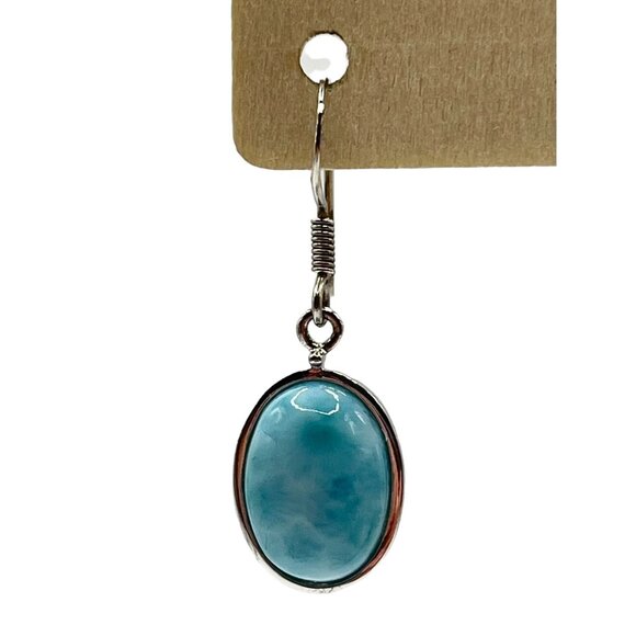 925 Sterling Silver KHR Larimar Oval Ca Dangle Drop Earrings Simple Blue - Picture 5 of 8